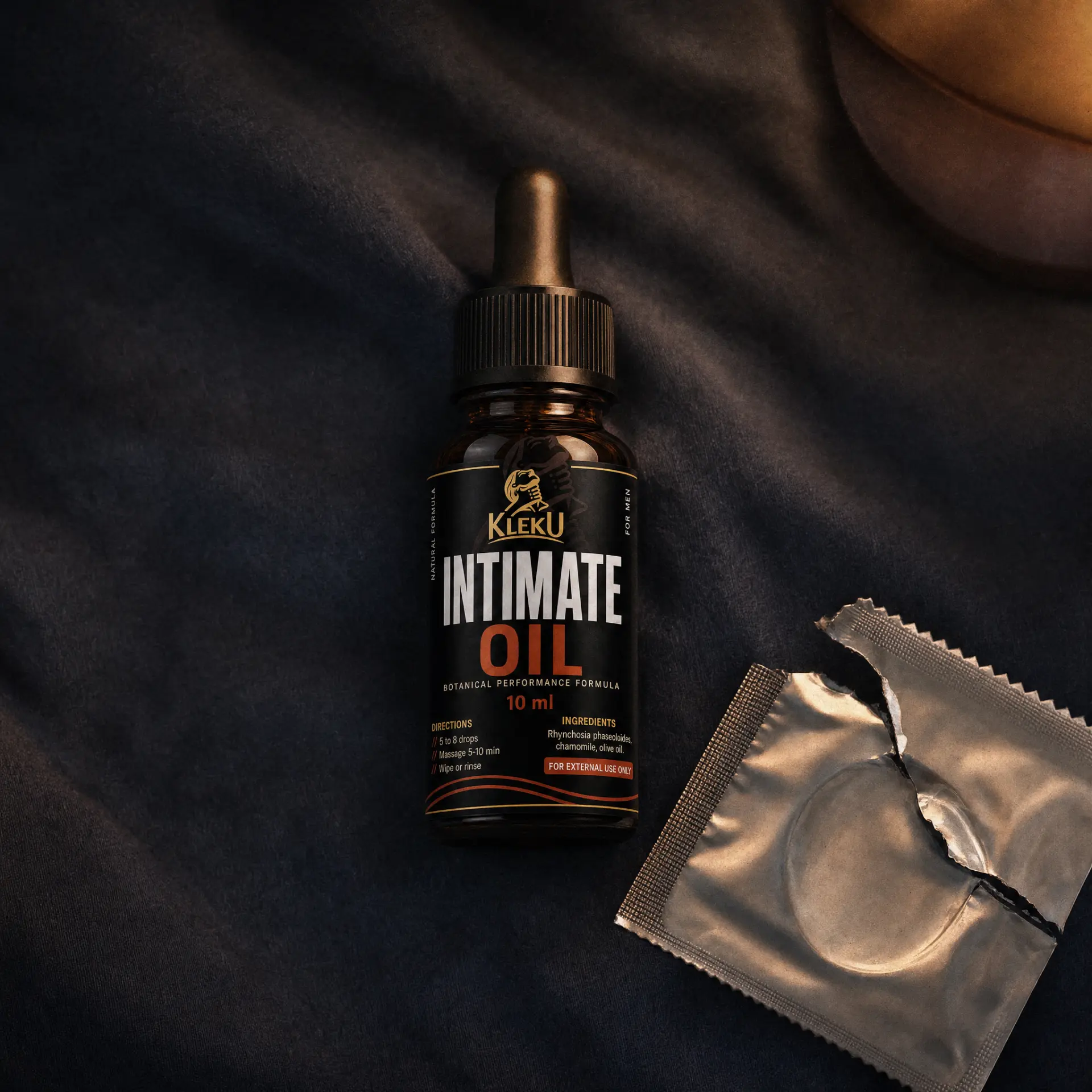 Kleku Intimate Oil prepared as part of a private nighttime routine