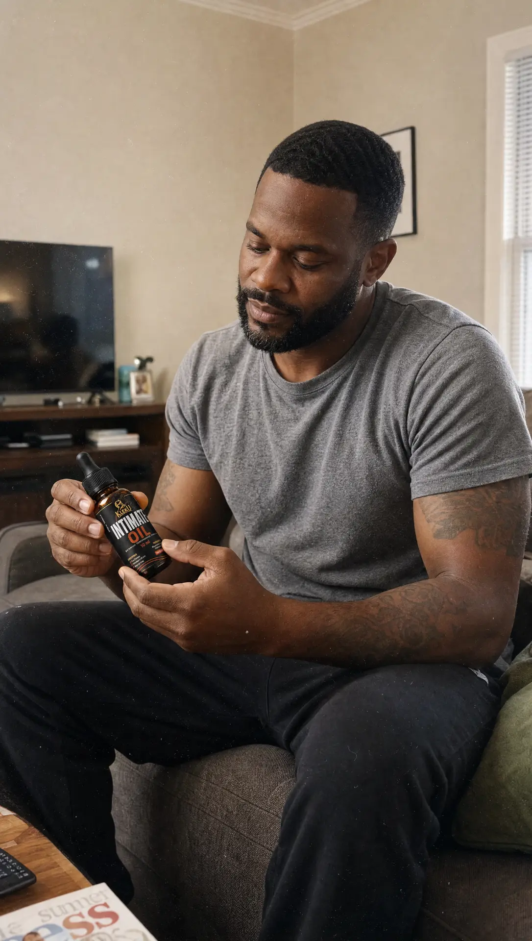 Customer examining his Kleku Intimate Oil bottle at home