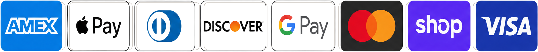 Visa, Mastercard, American Express, Apple Pay, Google Pay, Discover, Diners Club and Shop Pay accepted
